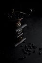 Still life old Coffee Grinders on background black. - Image Royalty Free Stock Photo