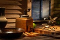 Still life with old coffee mill and antique dishes Royalty Free Stock Photo