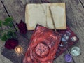 Still life with old decorated book with roses and crystals Royalty Free Stock Photo