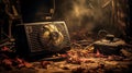 Still life with old electric fan in dramatic environment. AI generated