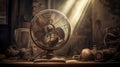 Still life with old electric fan in dramatic environment. AI generated