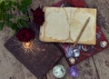 Still life with old open book, crystal and flowers