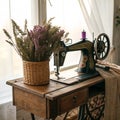 Still life with old sewing machine and heather Royalty Free Stock Photo
