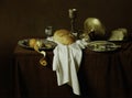 Still life, old style image of bread, cheese, olives, oranges on