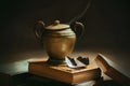 Still life with old things - thick encyclopedias and a copper lamp with a genie, from which smoke comes out. Execution of desires Royalty Free Stock Photo