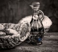 Still life with olive oil and bread basket Royalty Free Stock Photo