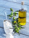 Still life-olive oil, flour and olives