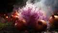 Still life of onions with purple cloth