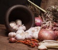 Still life with onions and Thai herb close up