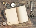 Still life with open book and antique writing tools Royalty Free Stock Photo