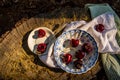 Ripe red cherries in antique blue and white bowl with silver spoon Royalty Free Stock Photo