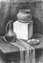 a still-life painted in charcoal, an image with a clay pitcher and a plaster cube Royalty Free Stock Photo