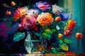 Still life painting with abstract colorful flowers, roses in a glass vase, modern impressionism style Royalty Free Stock Photo