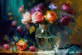 Still life painting with abstract colorful flowers, roses in a glass vase, modern impressionism style Royalty Free Stock Photo