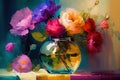 Still life painting with abstract colorful flowers, roses in a glass vase, modern impressionism style Royalty Free Stock Photo