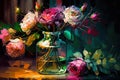 Still life painting with abstract colorful flowers, roses in a glass vase, modern impressionism style Royalty Free Stock Photo