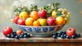 Still life painting apples, grapes, blueberries bowl, rustic table Royalty Free Stock Photo
