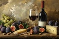 Still Life Painting of a Bottle of Wine, Glass of Wine, Cheese, and Fruit, A sophisticated still life featuring ripened figs, wine