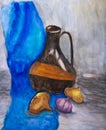 Still life painting with brown pitcher and onions. Watercolor painting Royalty Free Stock Photo