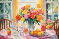 A still-life painting featuring a vibrant arrangement of flowers and oranges on a tabletop, Colorful and bright painting of a