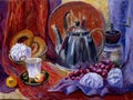 Still life painting with kettle, marsh-mellows, coffee cup, coffee grinder