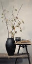 Contemporary Chinese Art: Old Wood Table With Black Vase And Organic Branches