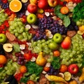 Still life painting of various fruits and berries made from mosaic, apples, pears, grapes, oranges.