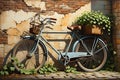 Still Life Painting of a Vintage Bicycle Against an Old Brick Wall, Ivy Vines Creeping up the Sides Royalty Free Stock Photo