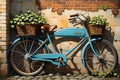 Still Life Painting of a Vintage Bicycle Against an Old Brick Wall, Ivy Vines Creeping up the Sides Royalty Free Stock Photo