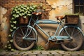 Still Life Painting of a Vintage Bicycle Against an Old Brick Wall, Ivy Vines Creeping up the Sides Royalty Free Stock Photo