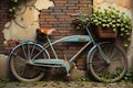 Still Life Painting of a Vintage Bicycle Against an Old Brick Wall, Ivy Vines Creeping up the Sides Royalty Free Stock Photo