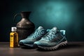 Still life with a pair of sneakers and other fitness accessories on a dark background. The concept of a healthy lifestyle