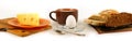 Still life panorama with egg, cheese and bread Royalty Free Stock Photo