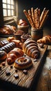 assortment of glazed pastries, chocolate croissants, and artisan breadsticks on an aged wooden table in a bakery. Generative AI