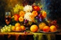 Still Life with Peaches, Flowers, Grapes and Glass of Wine Brush Strokes Painting