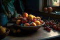 Still Life Peaches and Grapes Painting of Fruit Bowl on Table Royalty Free Stock Photo