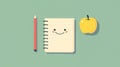 A still life of a pencil a notebook with a smile and a yellow apple on a green background Royalty Free Stock Photo