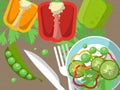 Still life with peppers, fork, knife and sliced vegetables on the table. Vector