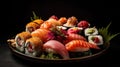 A still life photo of a beautiful and colorful plate of sushi with an artistic presentation created with Generative AI