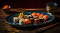 A still life photo of a beautiful and colorful plate of sushi with an artistic presentation created with Generative AI