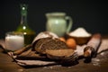 Still life photo of bread and flour with milk and eggs Royalty Free Stock Photo