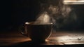 A still life photo of a cup of coffee with steam rising from the top creating a cozy atmosphere created with Generative AI