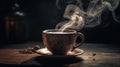 A still life photo of a cup of coffee with steam rising from the top creating a cozy atmosphere created with Generative AI