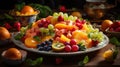 A still life photo of a delicious and colorful fruit salad with a beautiful presentation created with Generative AI