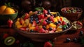 A still life photo of a delicious and colorful fruit salad with a beautiful presentation created with Generative AI