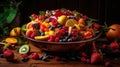 A still life photo of a delicious and colorful fruit salad with a beautiful presentation created with Generative AI