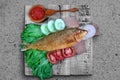 Still life photo of fried milkfish top view with rough texture background Royalty Free Stock Photo