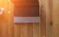 Still life photo of laptop on wooden table, notebook , computer Royalty Free Stock Photo