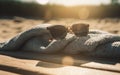 Summer still life of sunglasses over beach towell and sun rays on the background. Royalty Free Stock Photo