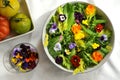 Still life photography of slow living concept with edible flowers salad and tea as a healthy and happy snack